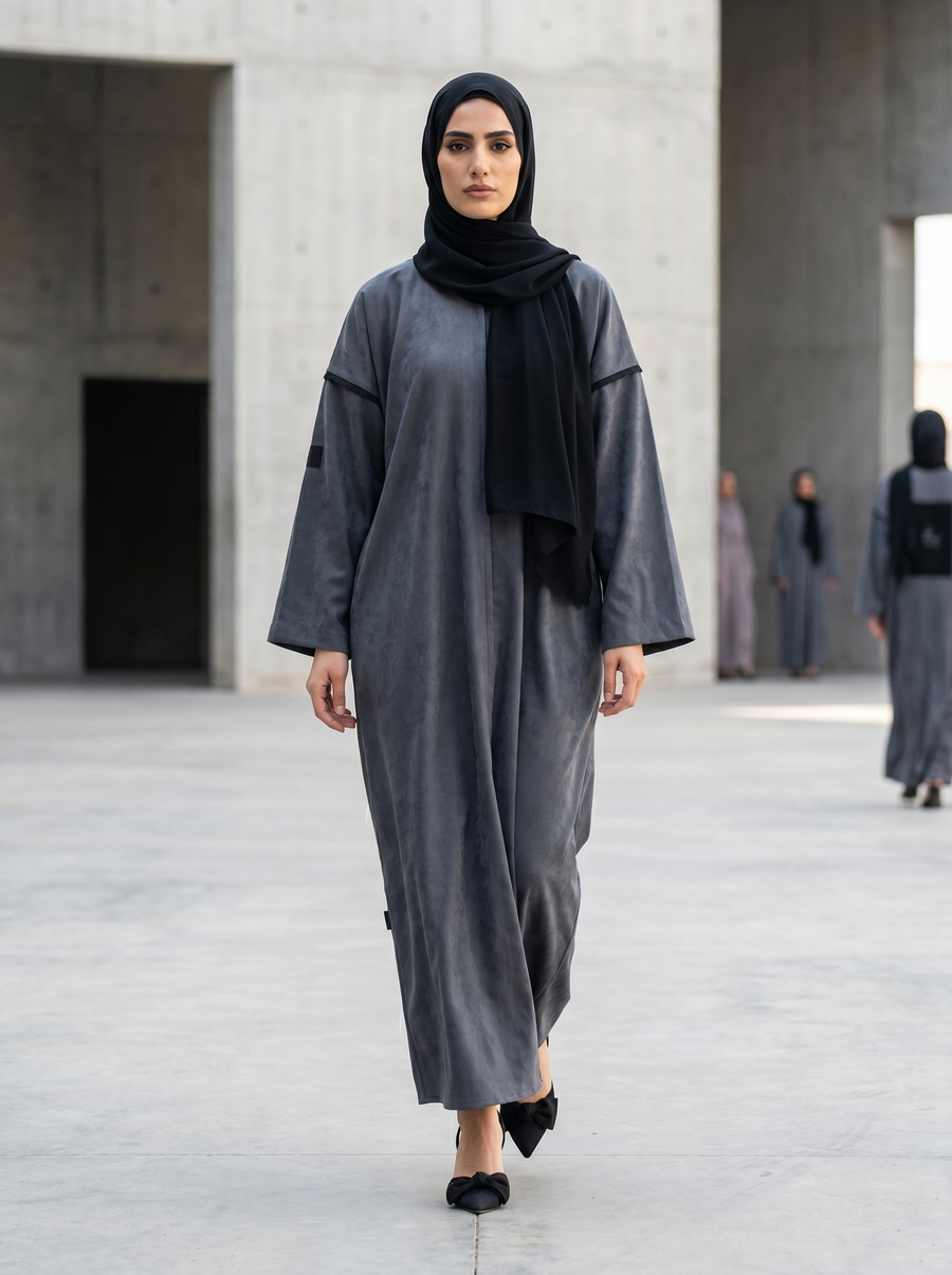 Gray Open Abaya with Velvet Back and Logo Detail
