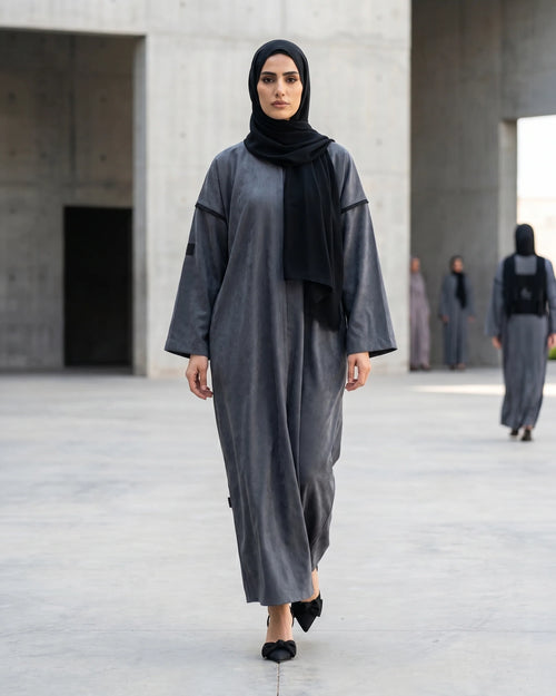 Gray Open Abaya with Velvet Back and Logo Detail