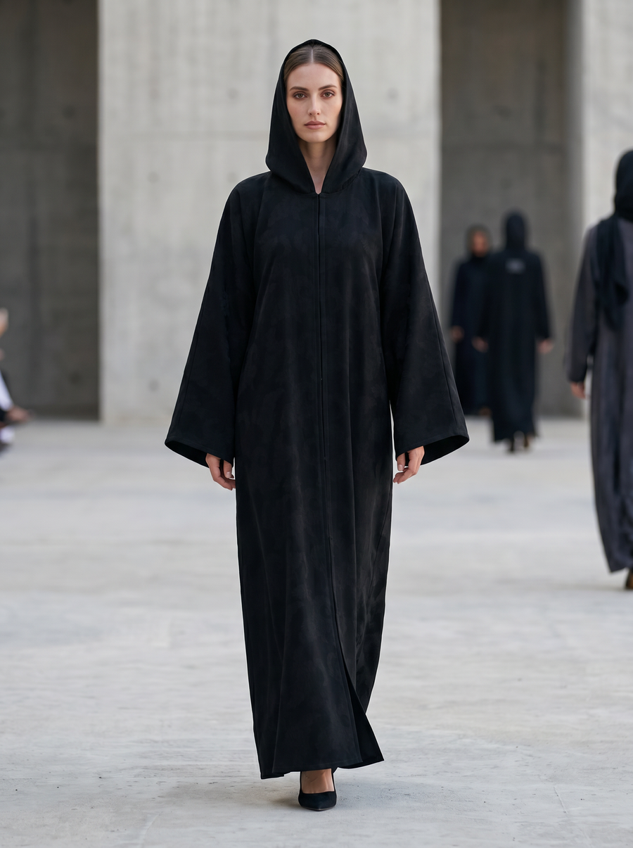 Black Hooded Abaya with Subtle Pattern Texture
