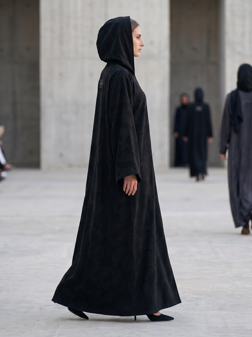 Black Hooded Abaya with Subtle Pattern Texture – hover image
