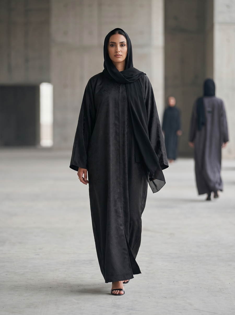Black Textured Abaya with Subtle Floral Detailing