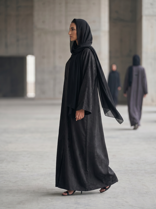 Black Textured Abaya with Subtle Floral Detailing – hover image