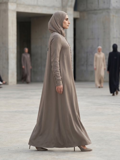 Pearl Button-Front Pale Silver Abaya with Elegant Panel Design – hover image