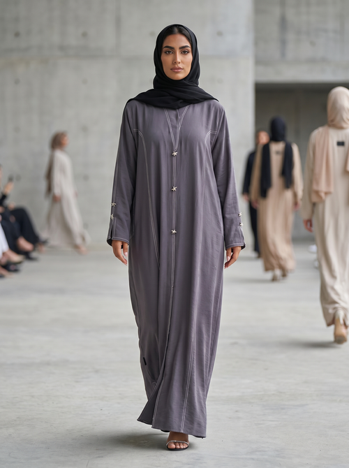 Stitch-Detail Abaya with Front Button Accents