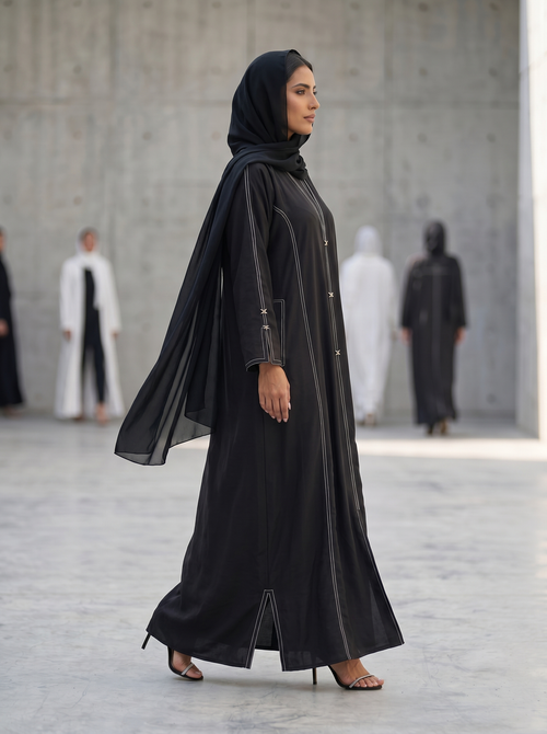 Stitch-Detail Abaya with Front Button Accents – hover image