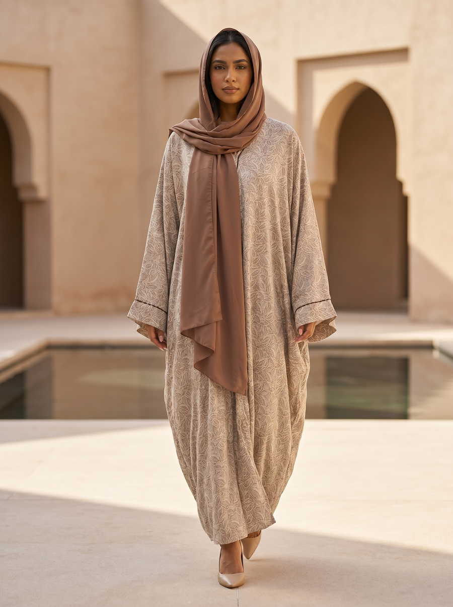 Kimono Style Printed Open Abaya with Leaf Pattern