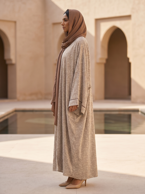 Kimono Style Printed Open Abaya with Leaf Pattern – hover image