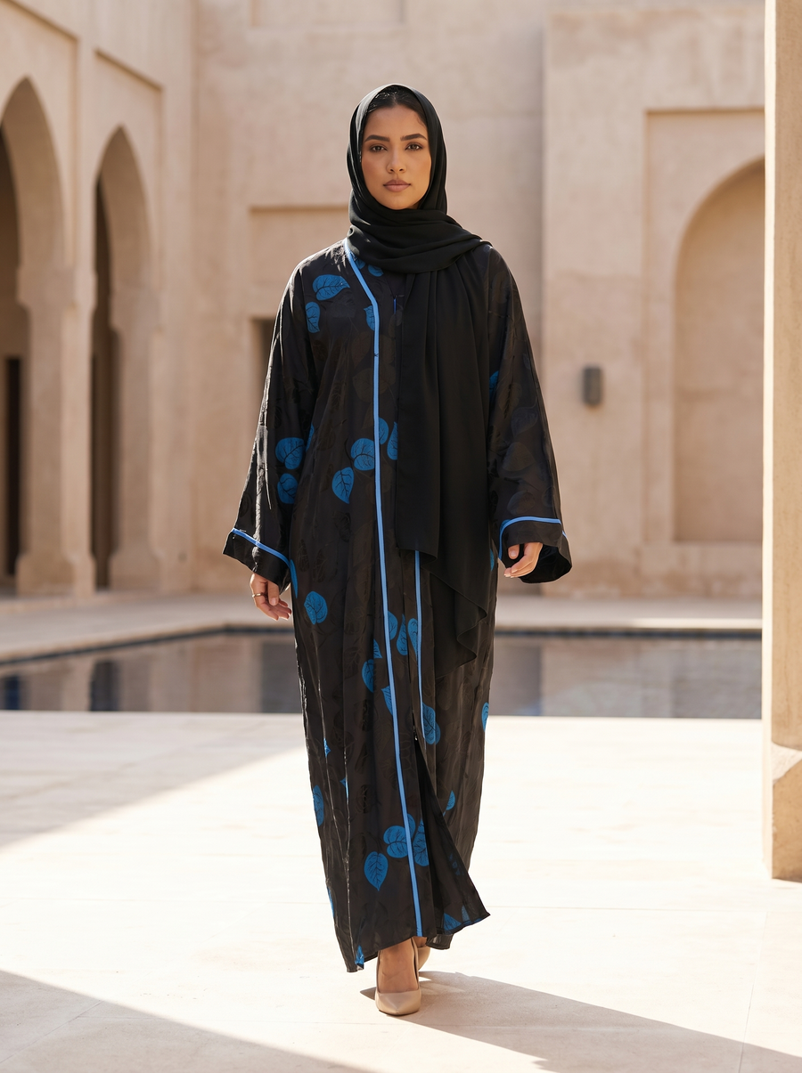 Leaf Print Open Abaya with Contrast Piping