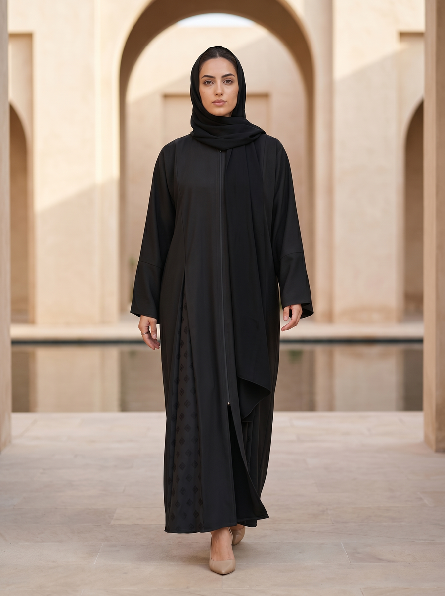 Classic Black Abaya with Patterned Panels