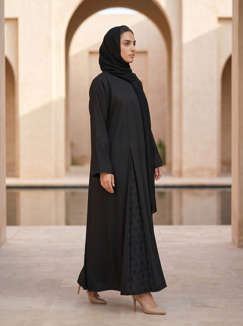 Classic Black Abaya with Patterned Panels – hover image