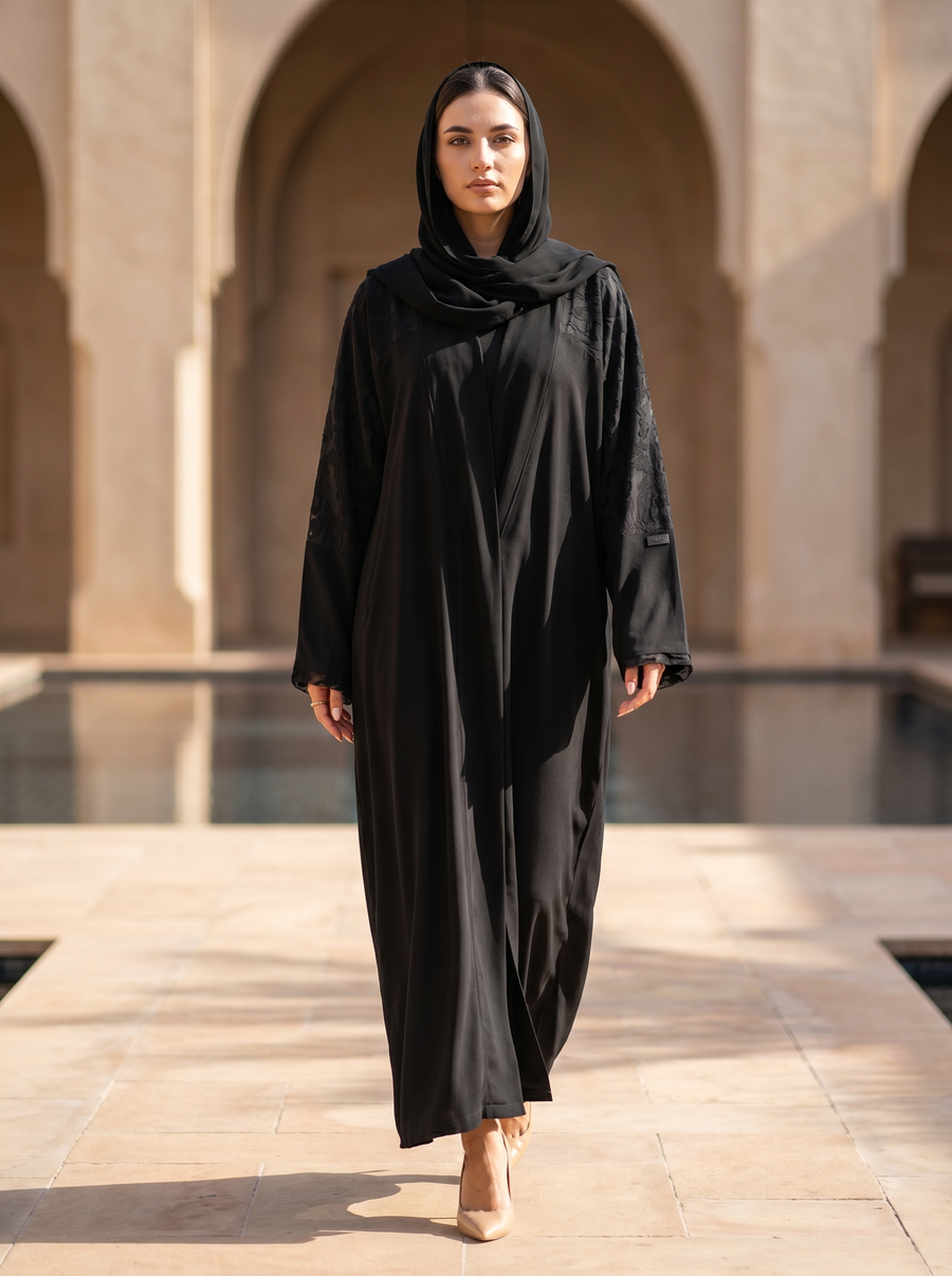 Black Abaya with Textured Floral Sleeve Detailing