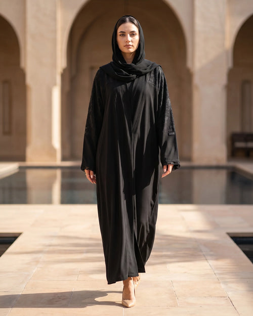 Black Abaya with Textured Floral Sleeve Detailing