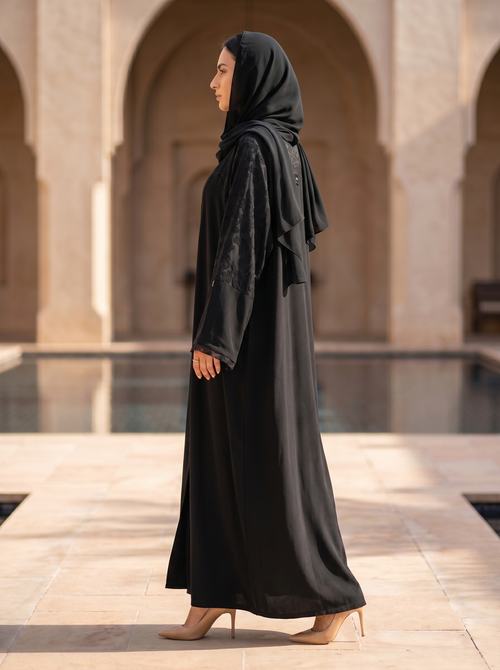Black Abaya with Textured Floral Sleeve Detailing – hover image