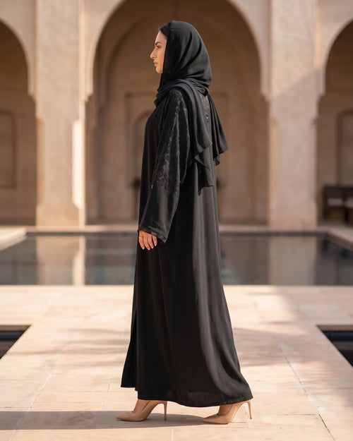 Black Abaya with Textured Floral Sleeve Detailing – hover image