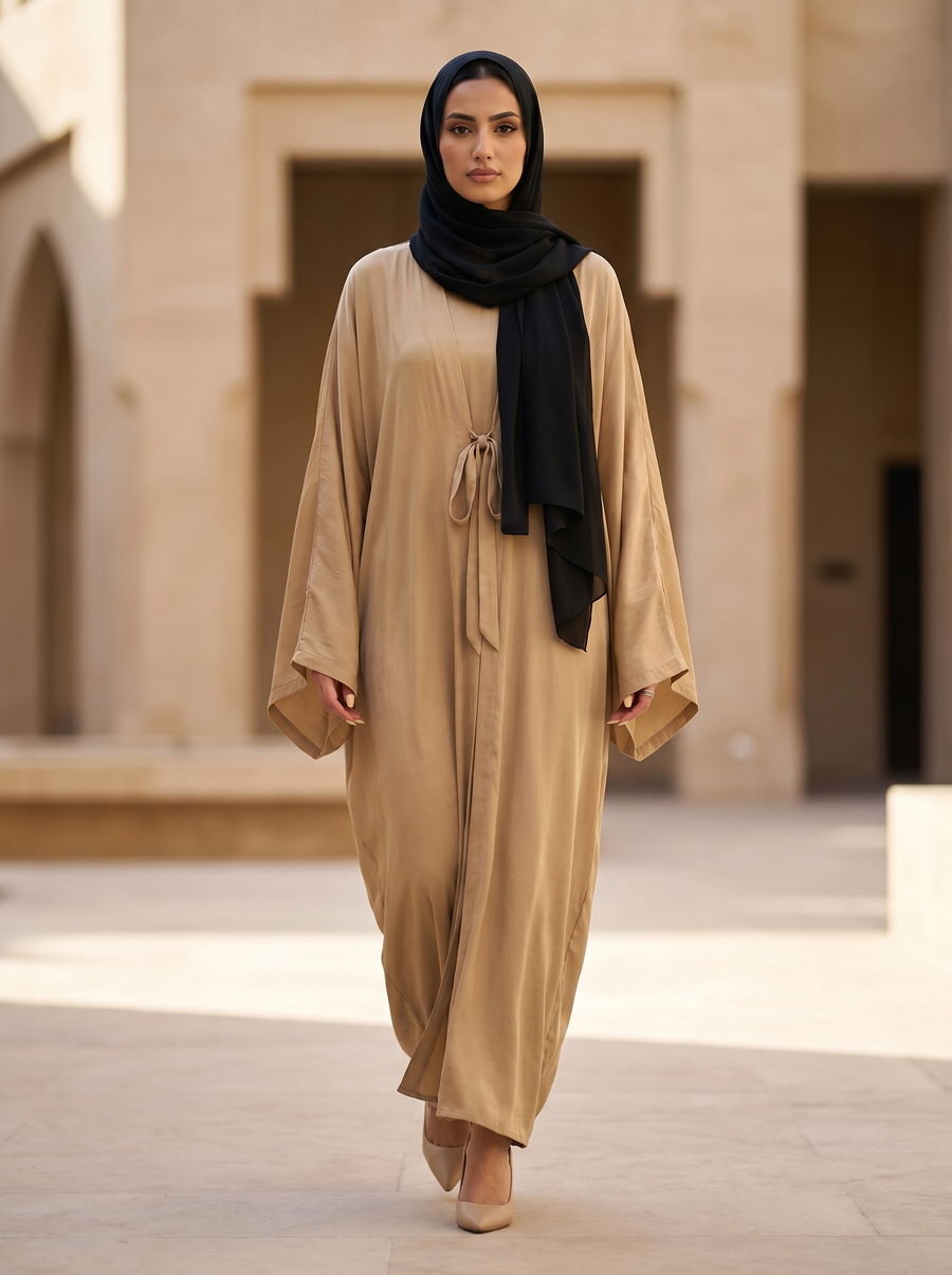 Lightweight Sand Drape Abaya with Fluid Silhouette & Tie Front