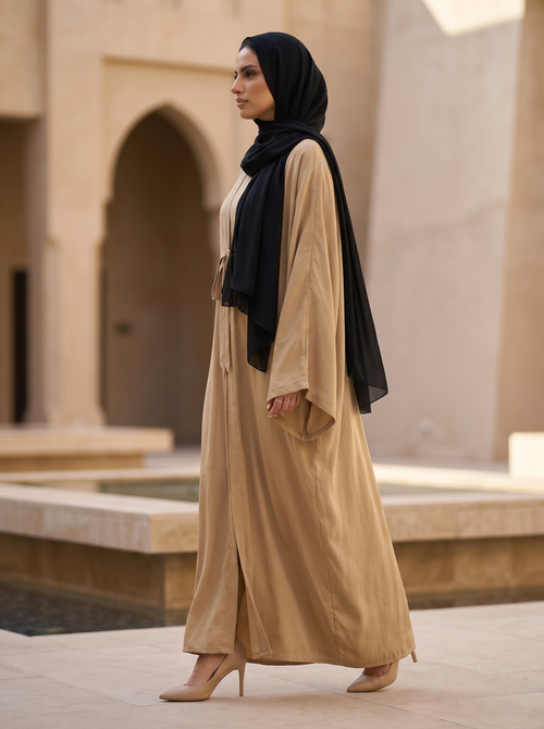 Lightweight Sand Drape Abaya with Fluid Silhouette & Tie Front – hover image