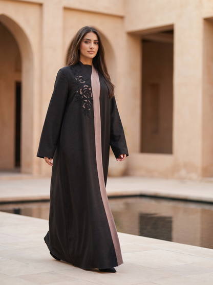 Asymmetrical Rose-Panel Abaya with Floral Handwork