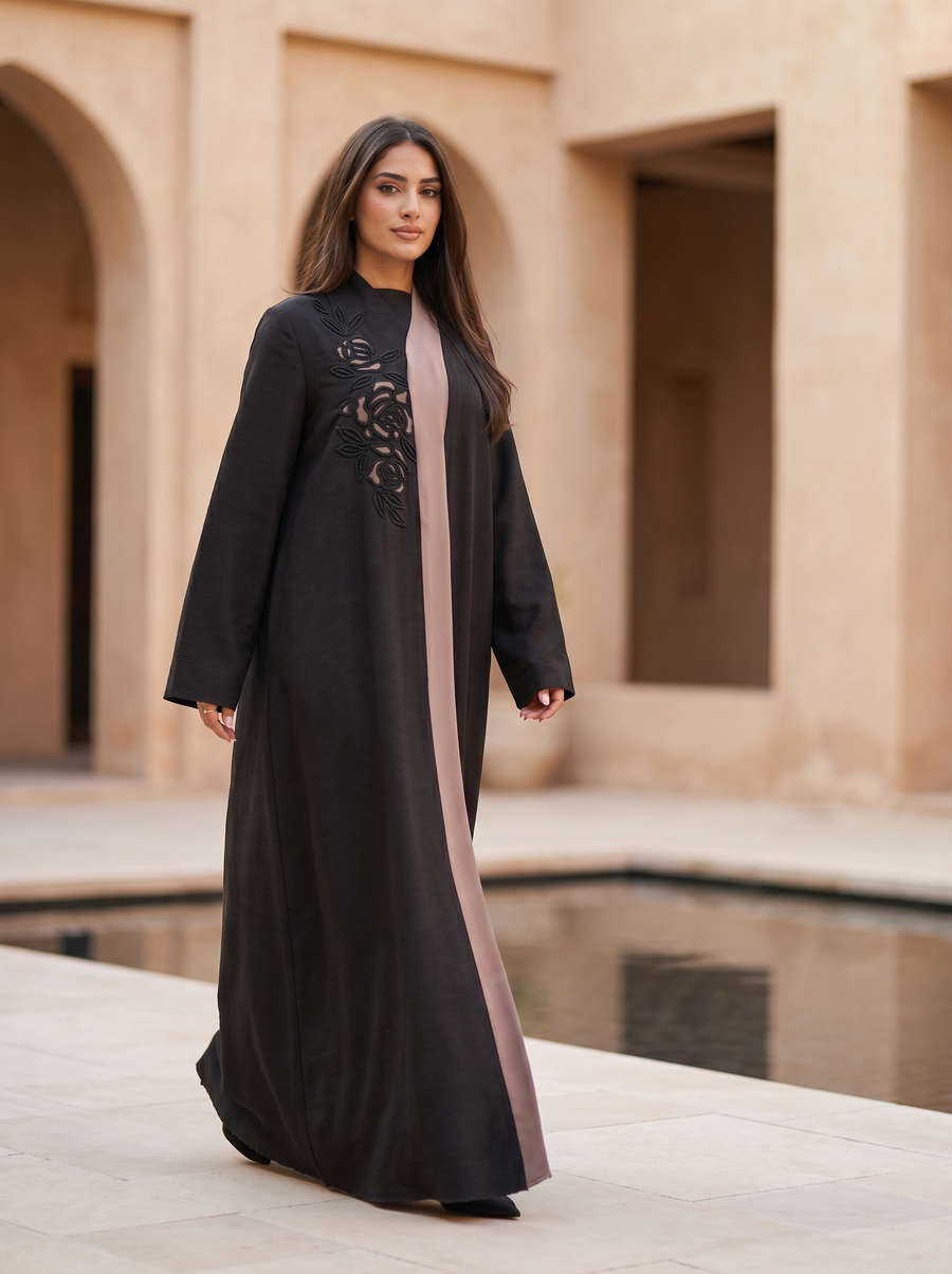 Asymmetrical Rose-Panel Abaya with Floral Handwork