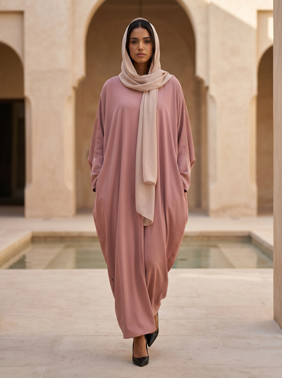 Modern Loose-Cut Pastel pink Abaya with Sculpted Draping