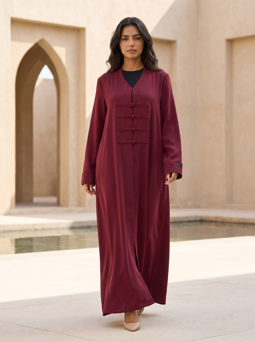 Elegant Maroon Abaya with Structured Front Panel Button Design