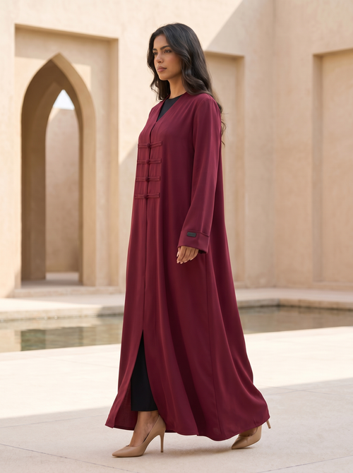 Elegant Maroon Abaya with Structured Front Panel Button Design – hover image