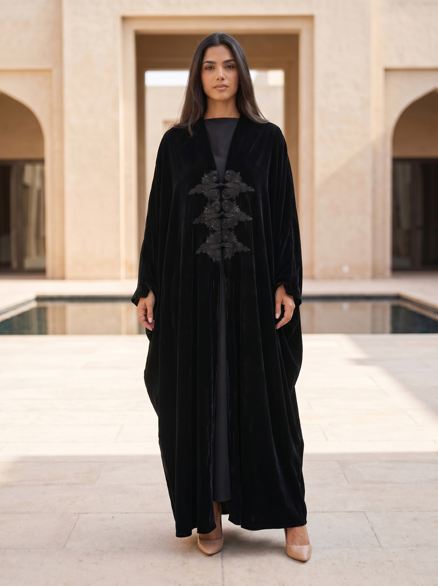 Premium Black Velvet Abaya with Intricate Central Hand Embellishment