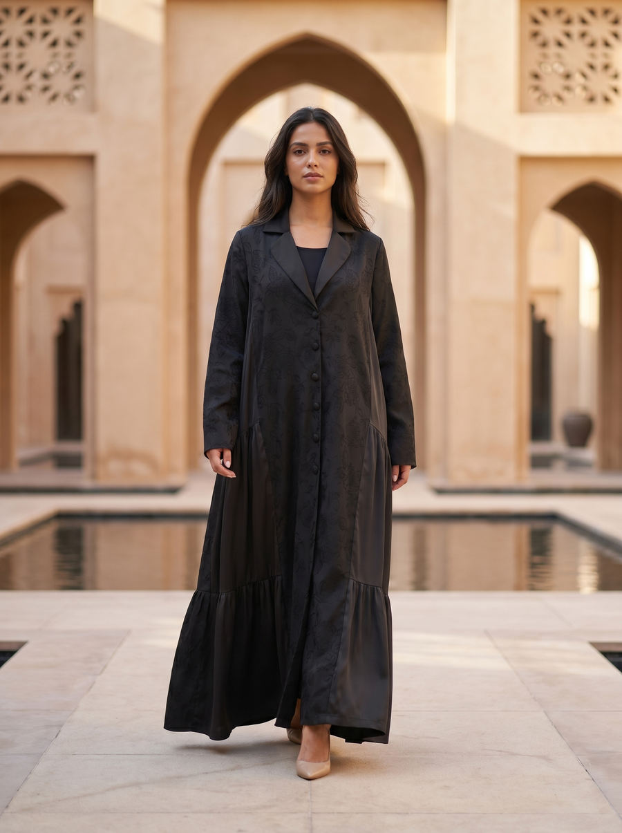 Midnight Noir Jacquard Rose Panel Abaya with Satin Lapel & Tiered Hem