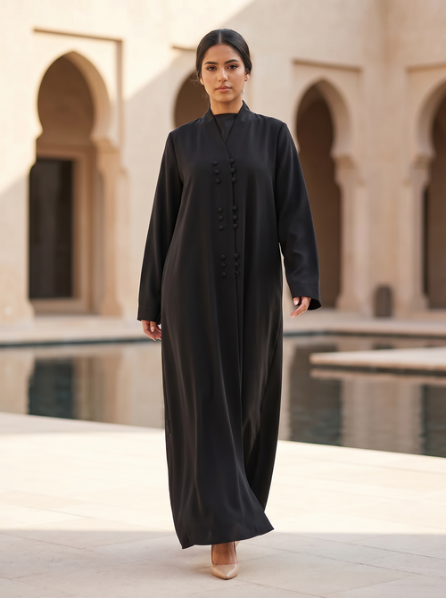 Elegant Minimalist Black Abaya with Vertical Button Accents – hover image