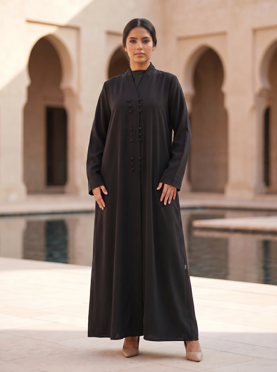 Elegant Minimalist Black Abaya with Vertical Button Accents