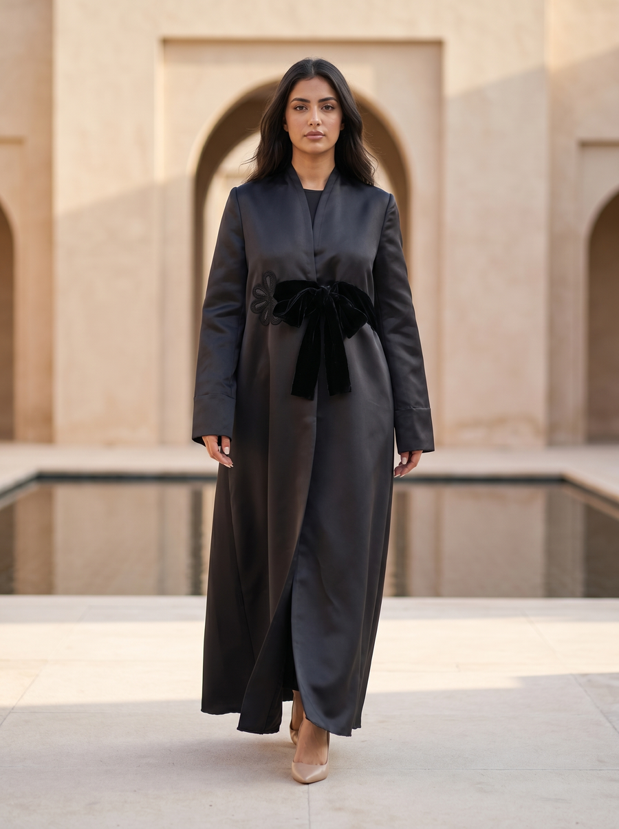 Elegant Satin Evening Abaya with Velvet Tie Belt and Floral Textured Motifs