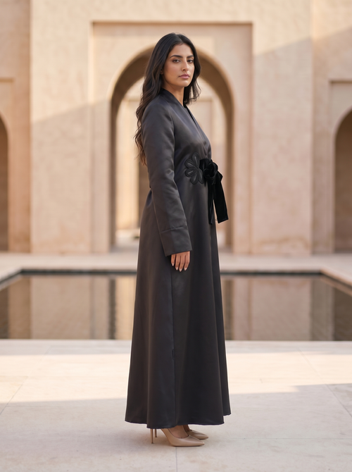 Elegant Satin Evening Abaya with Velvet Tie Belt and Floral Textured Motifs – hover image