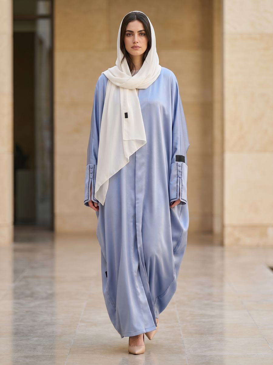 Blue Satin Luxe Abaya with Contrast Cuff Detailing