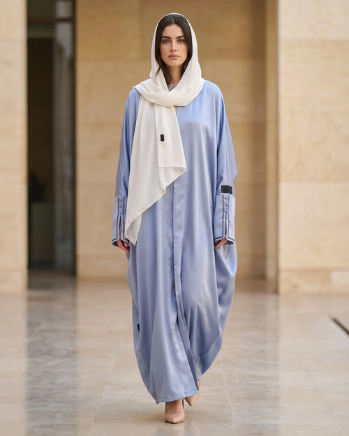 Blue Satin Luxe Abaya with Contrast Cuff Detailing