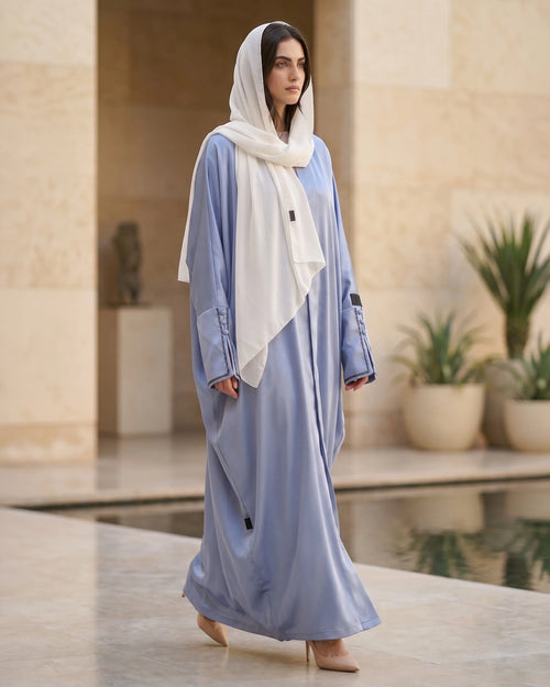 Blue Satin Luxe Abaya with Contrast Cuff Detailing – hover image