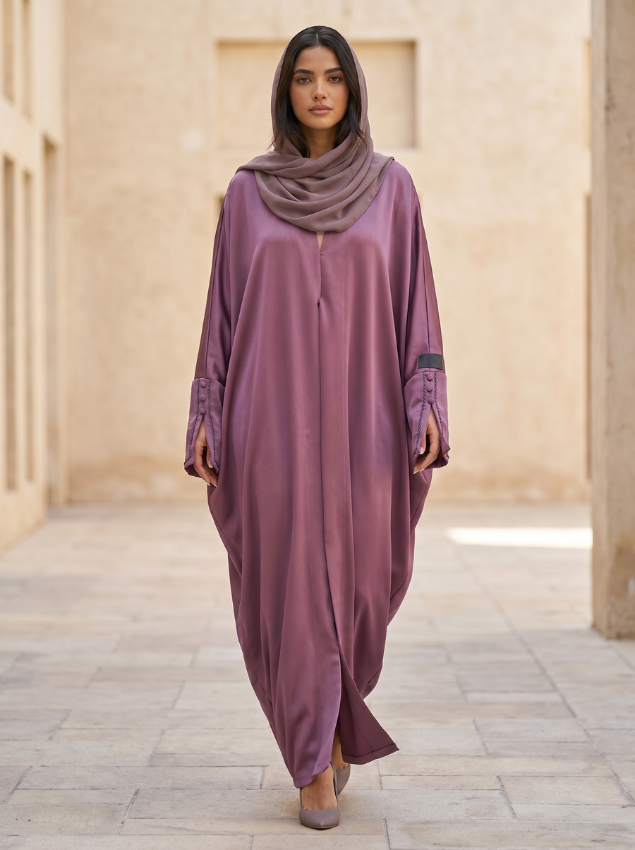 Purple Satin Luxe Abaya with Contrast Cuff Detailing