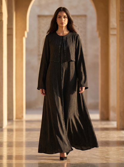 Textured Black Abaya with Cropped Overlay & Subtle Sparkle Trim