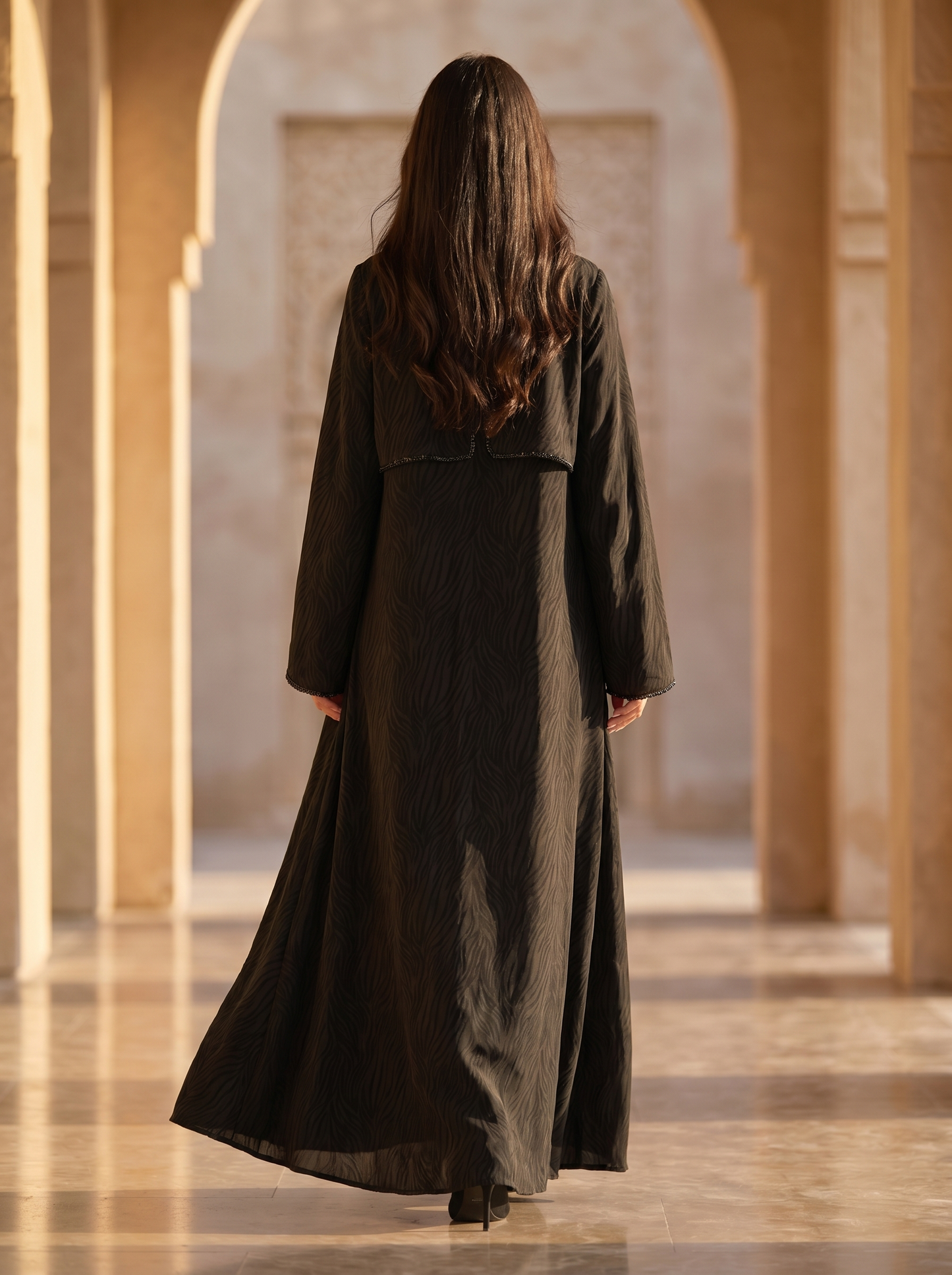 Textured Black Abaya with Cropped Overlay & Subtle Sparkle Trim