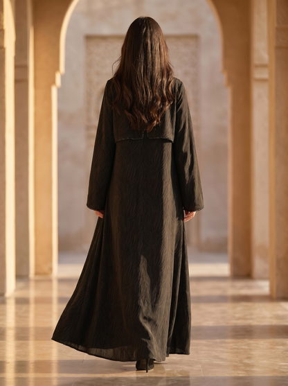 Textured Black Abaya with Cropped Overlay & Subtle Sparkle Trim