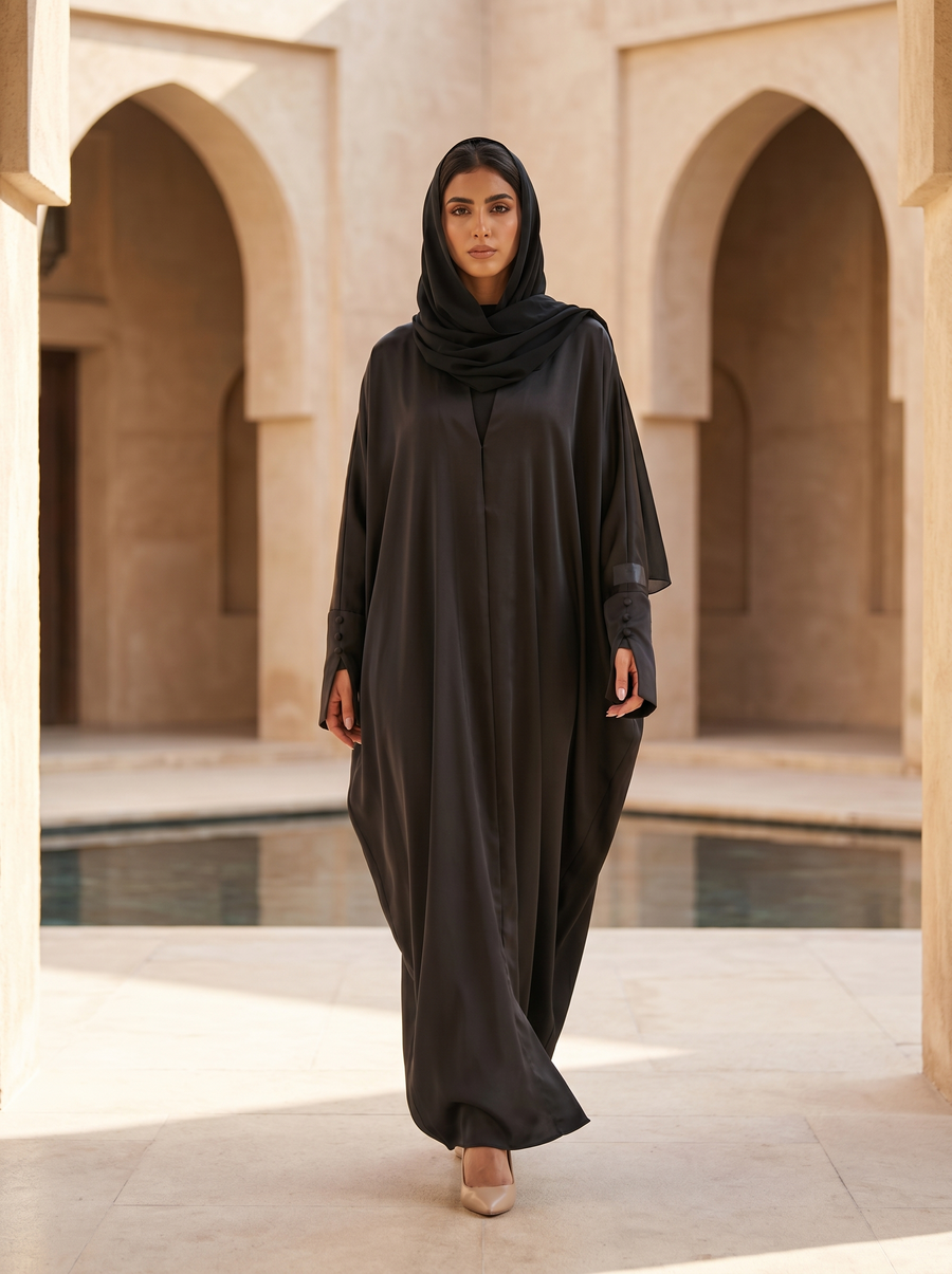 Black Satin Luxe Abaya with Contrast Cuff Detailing