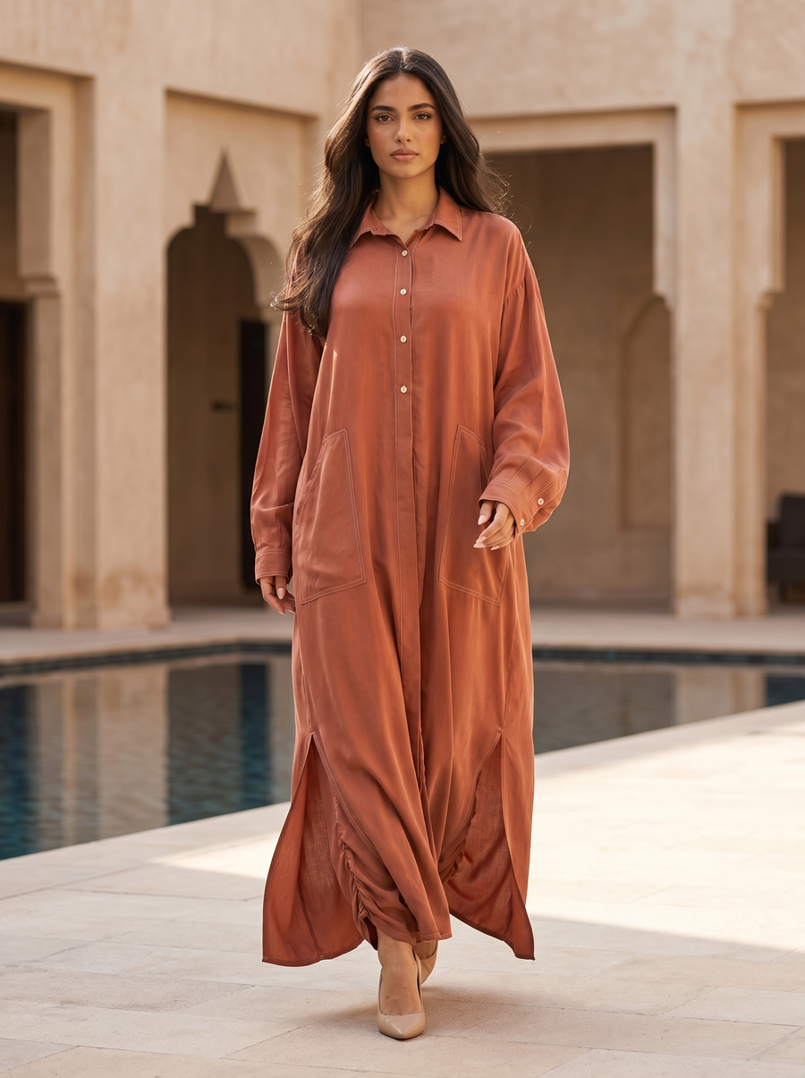 Soft Flow Rust Shirt Lyocell Abaya with Relaxed Fit