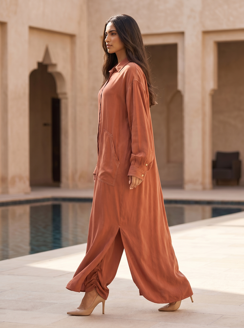 Soft Flow Rust Shirt Lyocell Abaya with Relaxed Fit – hover image