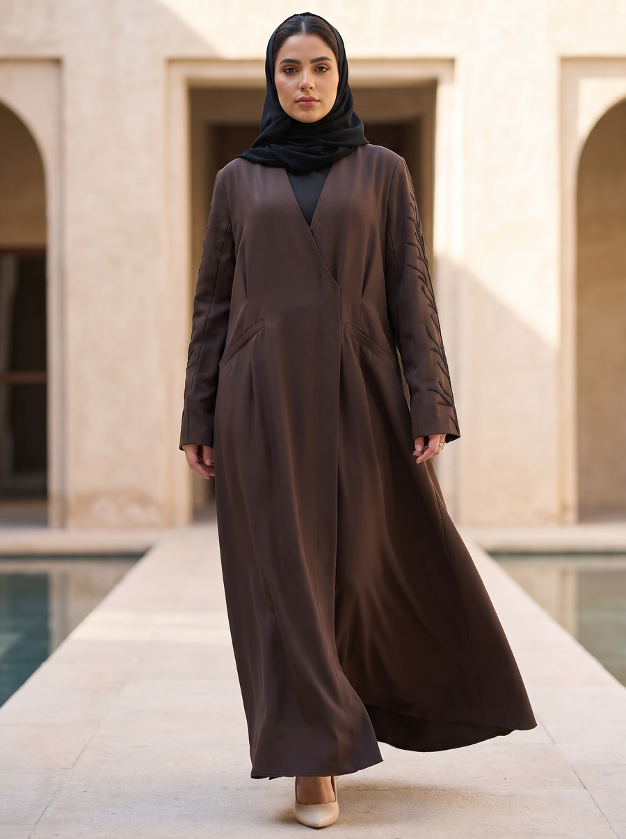 Brown Abaya with Branch Handwork Sleeves