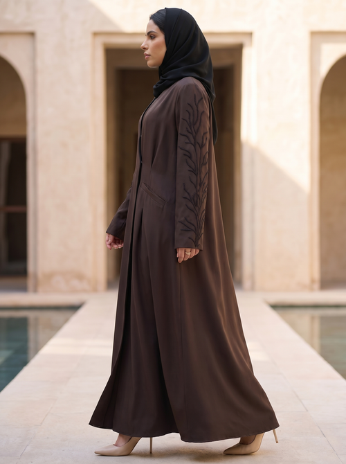 Brown Abaya with Branch Handwork Sleeves – hover image