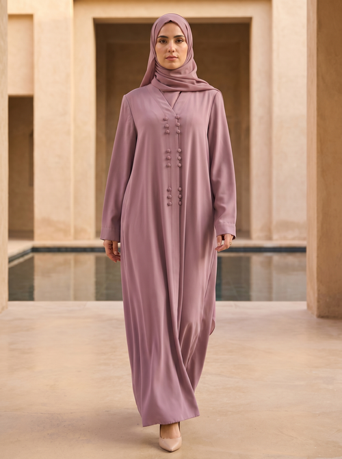 Soft Crepe Mauve Abaya with Stylish Button Trims
