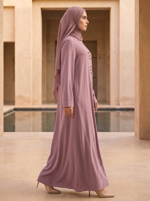 Soft Crepe Mauve Abaya with Stylish Button Trims – hover image