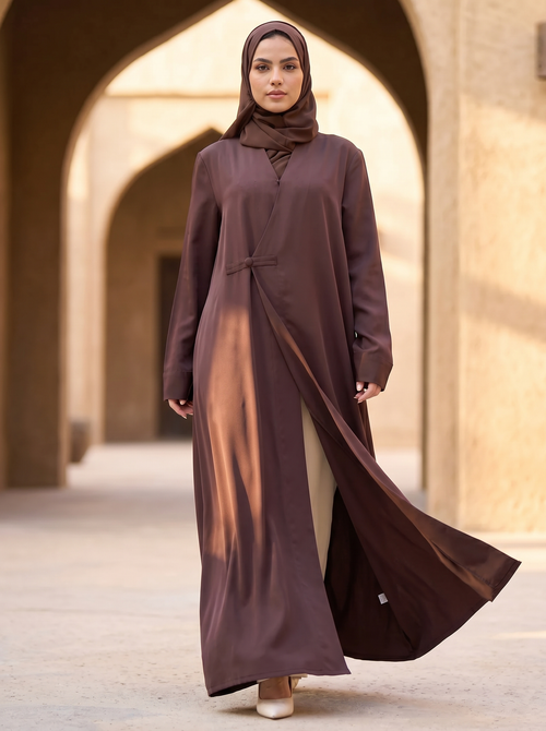 Modern Wrap-Style Brown Abaya with Soft Flow