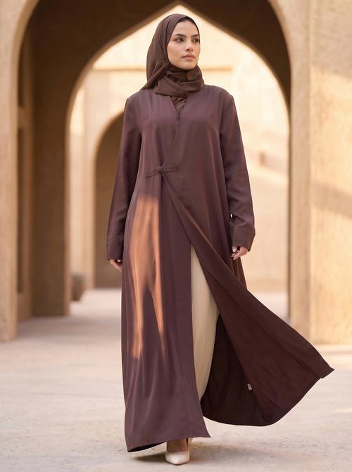 Modern Wrap-Style Brown Abaya with Soft Flow – hover image