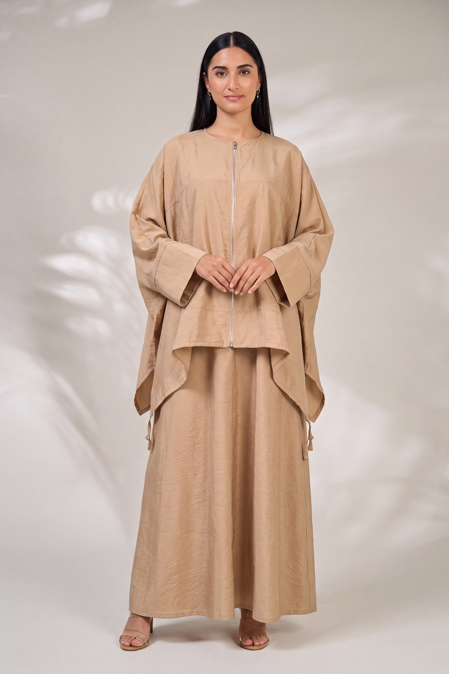 Modest Streetwear Khaki Abaya Set with Zip Jacket and Skirt