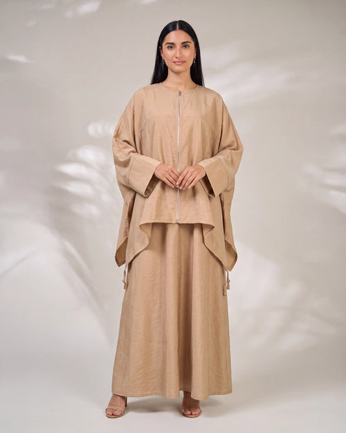 Modest Streetwear Khaki Abaya Set with Zip Jacket and Skirt