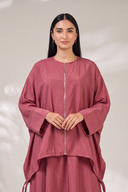 Modest Streetwear Red Abaya Set with Zip Jacket and Skirt